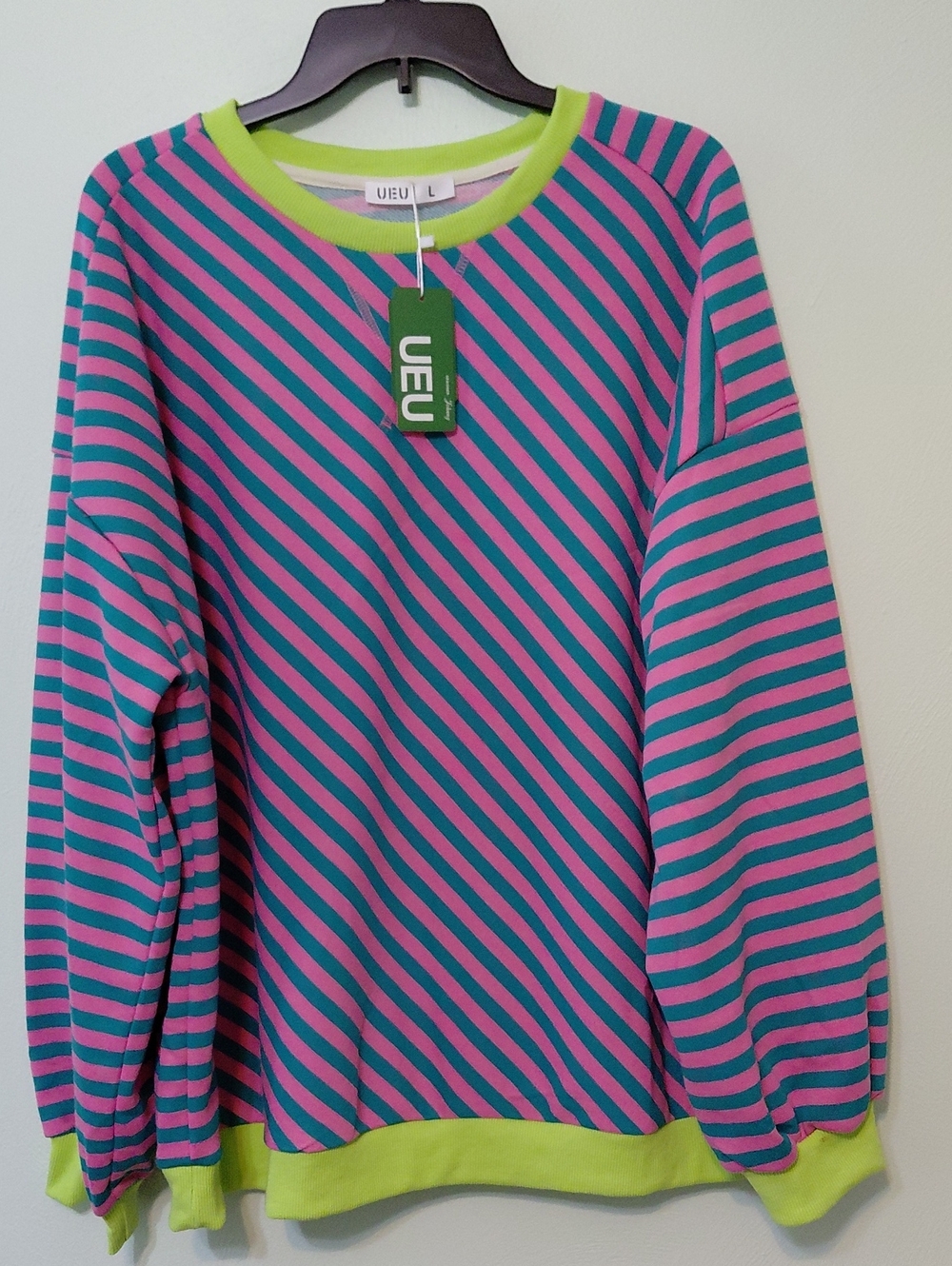 UEU  Women's Pink and Green Striped Oversized Long Sleeve Pullover Size Large